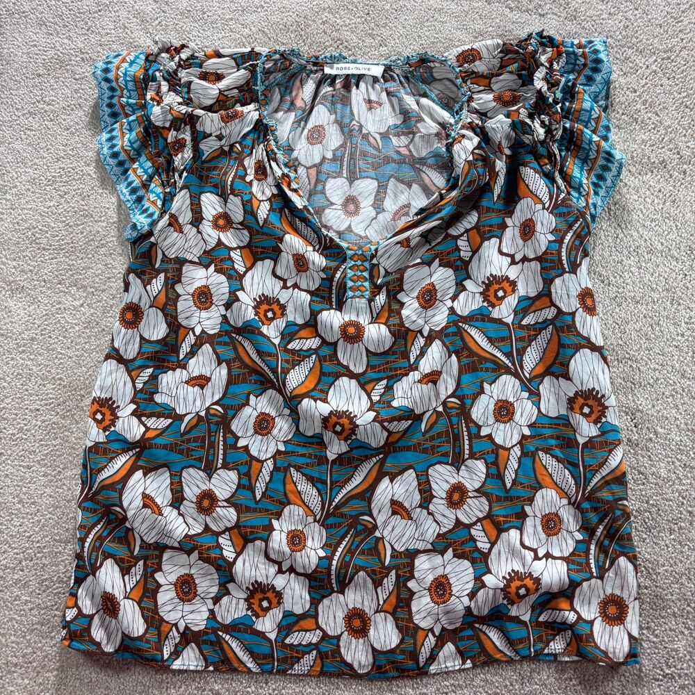 Rose and Olive Floral Popover Blouse, Size S